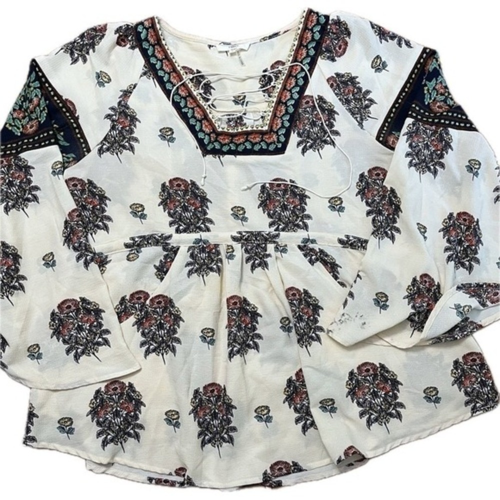 Boho Lace-Up Floral Peasant Top - White/Cream